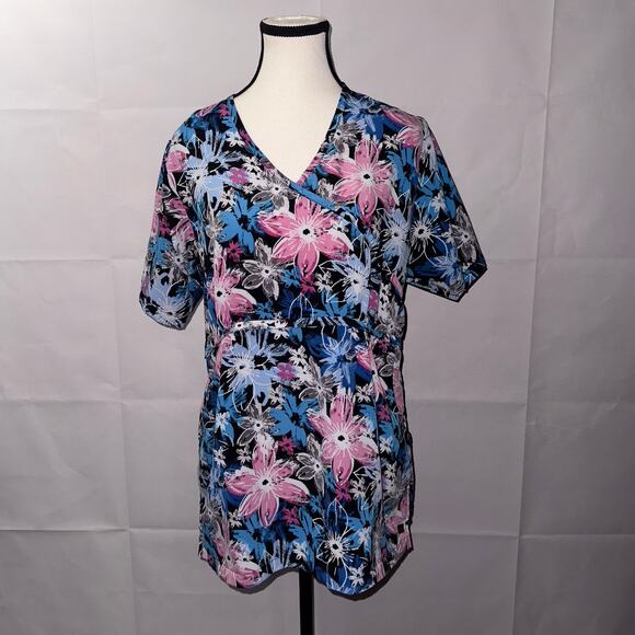 Remedy floral pink and blue short sleeve scrub top women’s size medium - Picture 1 of 7